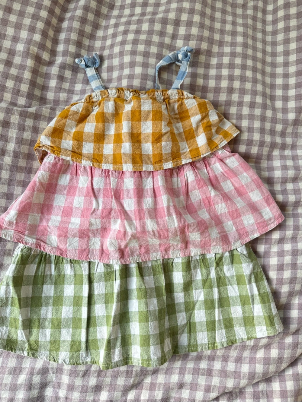 Mud Pie Tiered Gingham Dress in Mustard, Pink, Green, and Light Blue